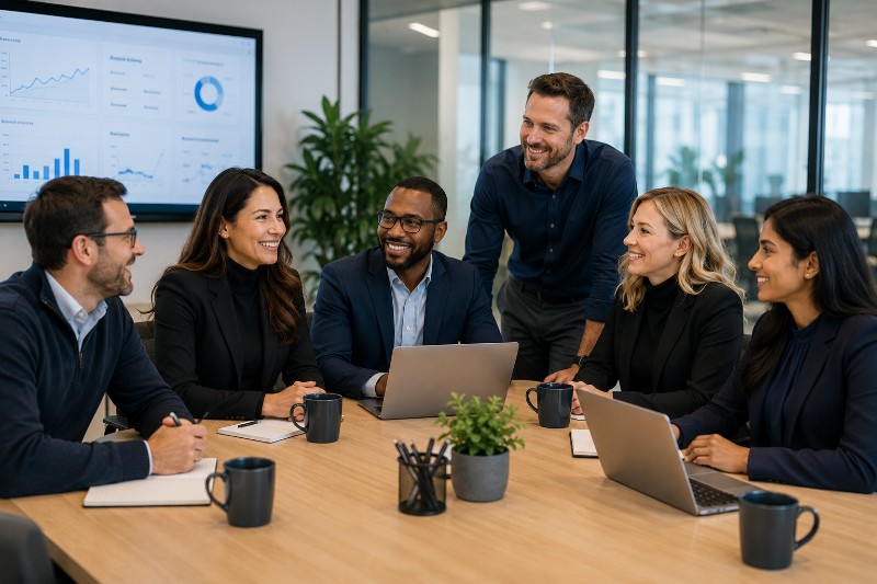 Team collaborating around a desk